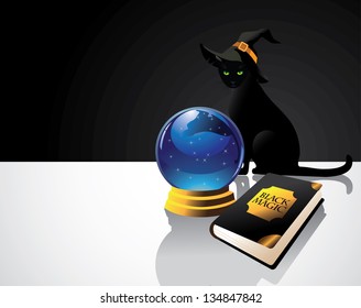 Black Cat With Witch's Hat, Crystal Ball And Book Of Magic Spells. Background With Space For Your Message. EPS 8 Vector, Grouped For Easy Editing. No Open Shapes Or Paths.