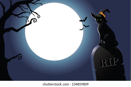 Black Cat with witch's hat in the graveyard at night. With space for your message in the moon. EPS 8 vector, grouped for easy editing. No open shapes or paths.