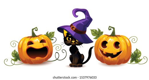 Black cat in a witch's hat and halloween pumpkins. Horizontal banner for Halloween. Illustration on an isolated background.
