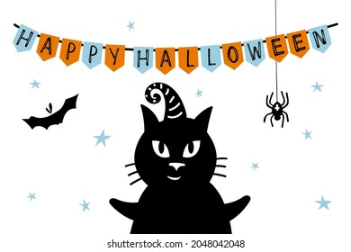 Black cat with witch's hat and Happy Halloween Bunting flags, bat, spider. Bunting Decor for party. Hand drawn Happy Halloween flat vector Illustration for Festive border, party poster, banner