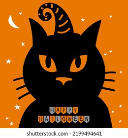 Black cat with witch's hat and Happy Halloween Bunting flags on orange background. Bunting Decor for party Hand drawn Happy Halloween flat vector Illustration for Festive border, party poster, banner.