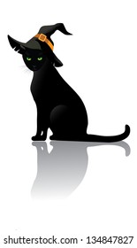 Black Cat with Witch's Hat. Isolated on white. EPS 8 vector, grouped for easy editing. No open shapes or paths.