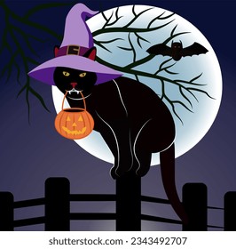 a Black Cat with a Witch's Hat Playfully Gnawing on a Pumpkin Bag, Underneath an Purple-Hued Sky