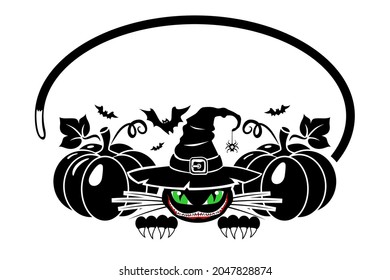 Black cat in the witch's hat smiles and hides among the pumpkins. Concept for greeting card, invitation for Halloween. Vector on transparent background