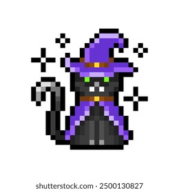 Black cat in wizard costume icon isolated on transparent background. Cute magic kitty character. Halloween celebration. Vector pixel art illustration in 16-bit old style.