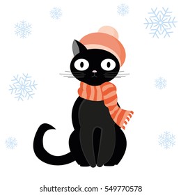 Black cat in woolen hat with pompom and striped scarf sits in snow in winter. Vector illustration