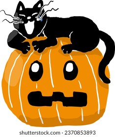 Black cat yawning on a Halloween pumpkin