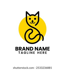 Black cat and yellow circle line art minimalist logo design