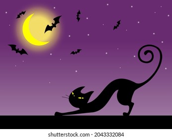 
Black cat with yellow eyes against a dark lilac night sky with a bright moon, stars and bats. Background for Halloween. Vector illustration