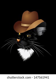 Black cat with yellow eyes in cowboy hat.