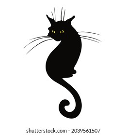 Black Cat with yellow eyes and long cat whiskers. Vector illustration isolated on white background. Halloween character. Silhouette. For design invitations, postcards.
