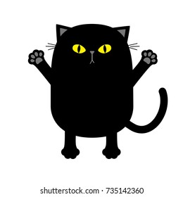 Black cat yellow eyes ready for a hugging. Open hand paw. Kitty reaching for a hug. Funny Kawaii animal. Baby card. Cute cartoon character. Pet collection. Flat design White background Isolated Vector