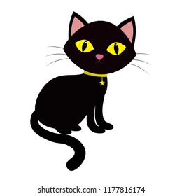 A black cat with yellow eyes, sits sideways. On a neck of a medallion in the form of a star on a yellow ribbon, isolated on a white background. Vector, flat style, cartoon.