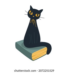 A black cat with yellow eyes sits on a book. Magic black cat concept. The kitten is guarding the magic book. Isolated vector illustration on a white background.