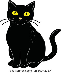 Black cat with yellow eyes sitting PNG Design
