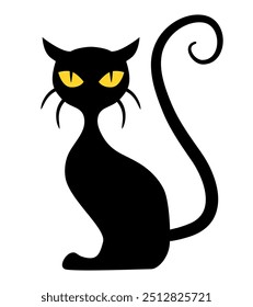 Black cat with yellow eyes. Vector clipart isolated on white background.