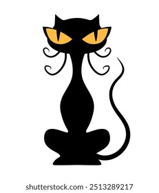 Schwarze Katze mit gelben Augen. Vektorclipart einzeln auf weißem Hintergrund.