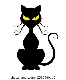 Black cat with yellow eyes. Vector clipart isolated on white background.