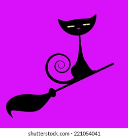 Black cat with yellow eyes and violet nose with long curly tail fly on broom isolated on bright violet background. For holiday decoration, design element for postcard, invitation, label in flat style