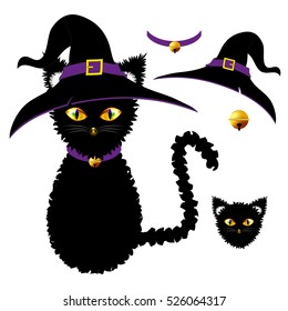 Black Cat with Yellow Eyes. Witch Hat, Purple Collar and Golden Ball Bell. Halloween Day. Vector Illustration . isolated on white Background.