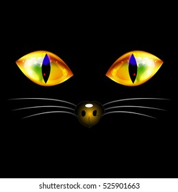 Black Cat with Yellow Golden Eyes, Nose and White Whisker. Halloween Day. Vector Illustration. isolated on white Background.