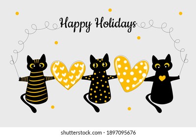 Black cat and yellow heart.  Fashionable template for prints on poster. Vector illustration.