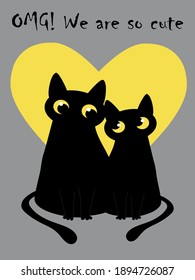 Black cat and yellow heart on a gray background. Greeting card for Valentine's Day. Pattern for fashionable prints on poster, clothes. Vector illustration.
