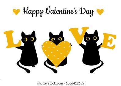Black cat and a yellow heart with polka dots. Valentine's Day greeting card. Pattern for fashion prints on poster, textiles, clothes, notebooks. Vector illustration.