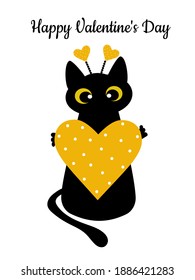 Black cat and a yellow heart with polka dots. Valentine's Day greeting card. Pattern for fashion prints on poster. Vector illustration.