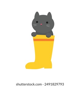 Black cat in a yellow rain boot vector illustration