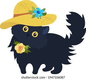 gato negro en sombrero amarillo de verano con flores, dibujo animado Ilustración vectorial