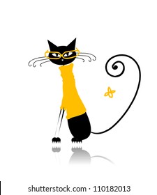 Black cat in yellow sweater and glasses for your design
