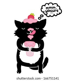  black cat with yogurt. cute cartoon animal