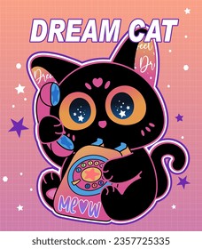 black cat,big eyes cat,call cat,Cat on the phone,pink and orange background,fashion animal ip,