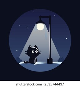 Black Cate In Night with moon and Street Light vector illustrtion