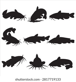 A black catfish set silhouette vector style illustration