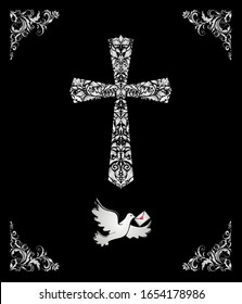 Black catholic ornate card with silver decorative floral cross and vignette and flying dove with letter for baptism and Easter greeting