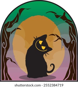 Una obra de arte de gatos negros con ilustración de fondo de terror para diseño de activos o Plantilla y logotipo