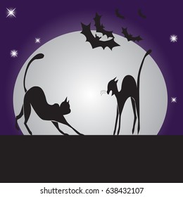 Black cats in the background of the moon at night. Bats in the starry sky.
