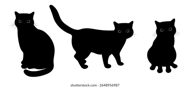Black cats with big green eyes in different poses. Cat is sitting front view and profile, standing cat. Vector illustration