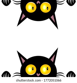 Black cats with big orange eyes peep out from the edge of the frame the concept of homeless animals and pets
