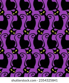 Black cats with big yellow eyes on a dark purple background. Seamless pattern, print for Halloween. Vector illustration