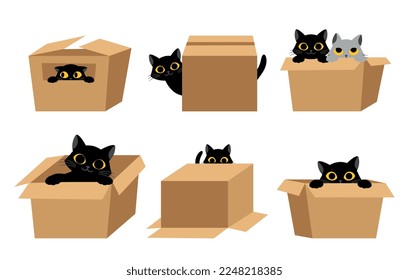 Black cats with box set. Collection of graphic elements for website. Charming and playful animal. Movement and action. Love for animals. Cartoon flat vector illustrations isolated on white background