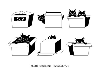 Gatos negros con juego de cajas. Colección de elementos gráficos minimalistas para el sitio web. Caja de cartón y animal, refugio y hogar para mascotas. Ilustraciones de caricaturas de vectores planos aisladas en fondo blanco