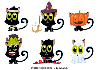 Black cats in carnival costumes set: zombies, ghost, pumpkin, vampire, witch and mummy. Vector cartoon character of cute pets for Halloween isolated on white background.