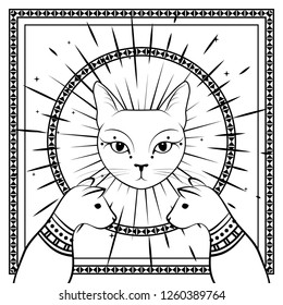 Black cats, cat face with moon on night sky with ornamental round frame. Magic, occult symbols. Witchcraft theme for t-shirt, textiles and print design. Vector illustration.