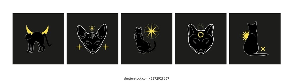 Gatos negros y símbolos celestiales. Juego de tarjetas mágicas misteriosas, logos, impresiones. Volante, diseño de pancartas. Bruja, esotérica, mago.