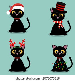 Schwarze Katzen in Weihnachtsattributen.