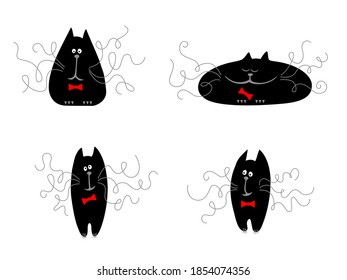 Black cats with curly moustaches and red bows. Funny character. Set of 4 drawings.