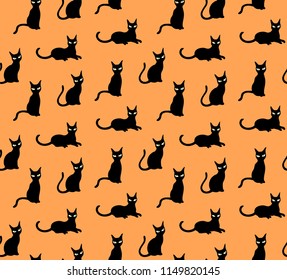 Black cats cute pattern vector on orange background seamless halloween